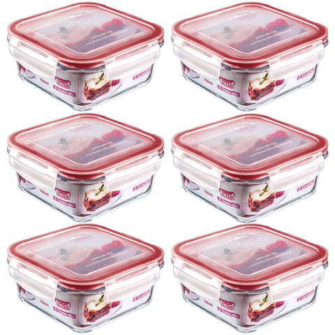 Conjunto 6 Potes Quadrados Vidro Sanremo Tampa Hermética Trava 700ml