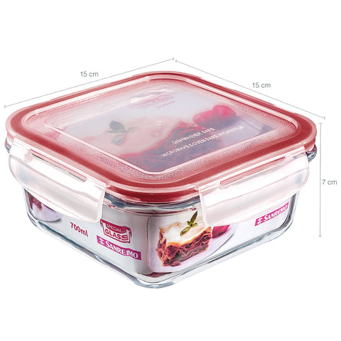 Conjunto 6 Potes Quadrados Vidro Sanremo Tampa Hermética Trava 700ml