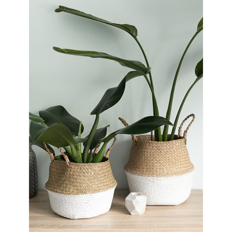 Cesto Origin Pequeno Com Alças Laterais Yoi Cesto Trançado Seagrass Natural E Branco