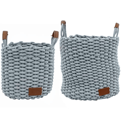 Kit 2 Cestos Decorativos Organizadores Grande E Médio Cestos De Corda Cinza Com Alças De Couro Yoi
