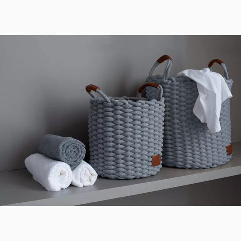 Kit 2 Cestos Decorativos Organizadores Grande E Médio Cestos De Corda Cinza Com Alças De Couro Yoi