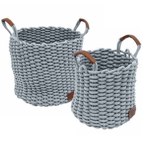 Kit 2 Cestos Decorativos Organizadores Grande E Médio Cestos De Corda Cinza Com Alças De Couro Yoi