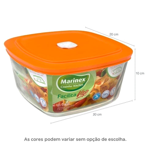 Kit 3 Potes De Vidro 2L Marinex Facilita Tigelas Quadradas Com Tampas Plásticas Cores Sortidas