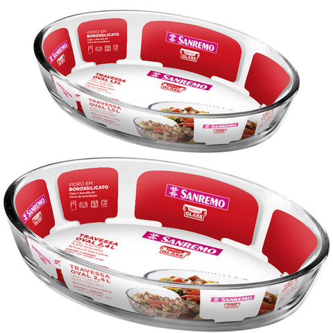 Conjunto de Travessas Formas de Vidro Assadeira Oval Sanremo 1,5L e 2,4L