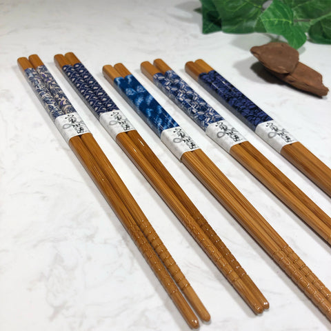 Kit Hashi De Bambu 5 Pares Geometric Kyoto Palitos Japoneses Sushi Azul Yoi