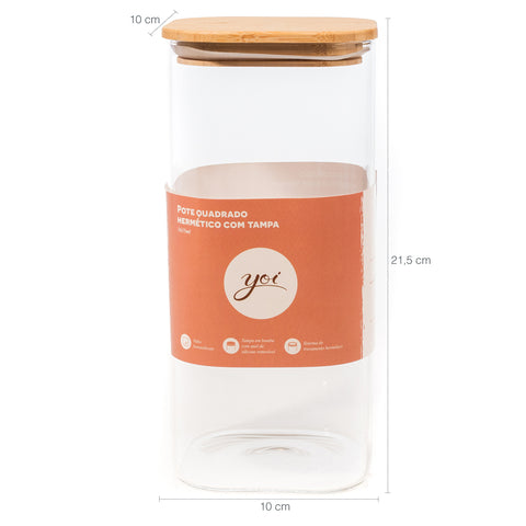 Pote Hermético Quadrado De Vidro Com Tampa De Bambu 1635ml Porta Mantimento Grande Yoi