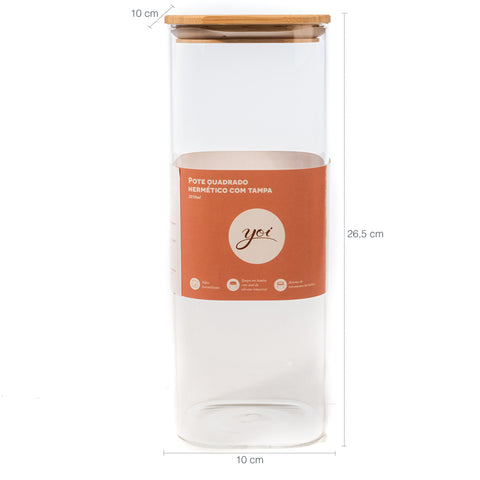 Pote Hermético Quadrado De Vidro Com Tampa De Bambu 2050ml Porta Mantimento Extra Grande Yoi