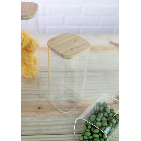 Kit 4 Potes De Vidro Herméticos Com Tampas Em Bambu 1200ml Porta Mantimentos Médios Cozinha Yoi