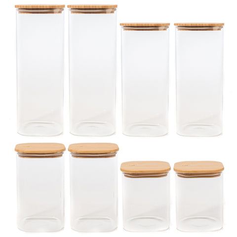 Conjunto 8 Potes Herméticos De Vidro Com Tampas Em Bambu Porta Mantimentos Quadrados Cozinha Yoi