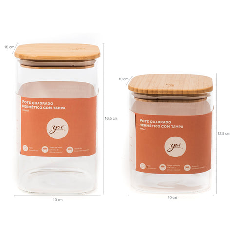 Conjunto 8 Potes Herméticos De Vidro Com Tampas Em Bambu Porta Mantimentos Quadrados Cozinha Yoi