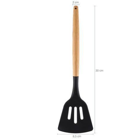 Espátula Vazada De Silicone Preto Com Cabo De Bambu Utensílio De Cozinha Espátula Reta Yoi