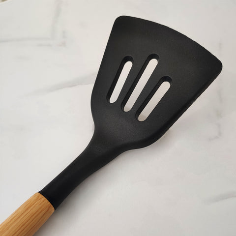 Espátula Vazada De Silicone Preto Com Cabo De Bambu Utensílio De Cozinha Espátula Reta Yoi