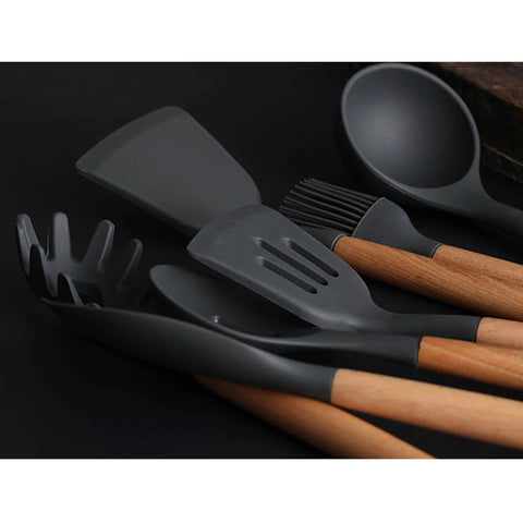 Espátula Vazada De Silicone Preto Com Cabo De Bambu Utensílio De Cozinha Espátula Reta Yoi