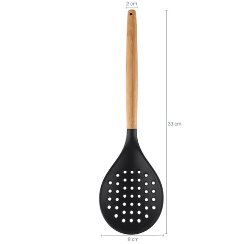 Escumadeira De Silicone Preto Com Cabo De Bambu Utensílio De Cozinha Escumadeira Perfurada Yoi