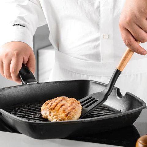 Espátula Vazada De Silicone Preto Com Cabo De Bambu Utensílio De Cozinha Espátula Reta Yoi