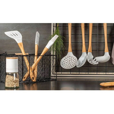 Conjunto Jogo de Talheres Silicone Bambu Colher Espátula Pegador Escumadeira Pincel