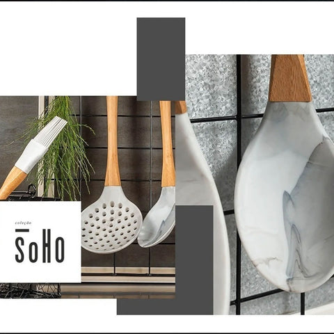 Conjunto Jogo de Talheres Silicone Bambu Colher Espátula Pegador Escumadeira Pincel