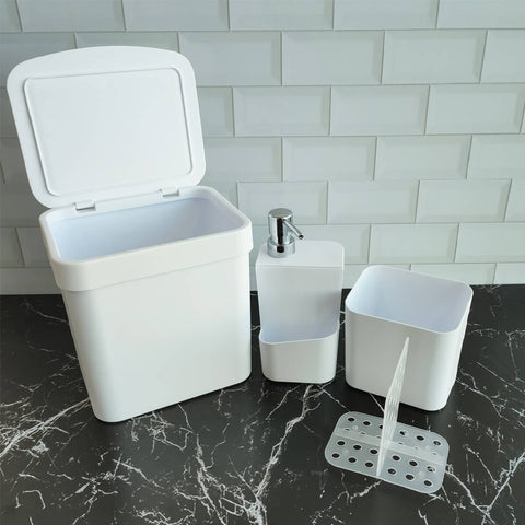 Conjunto para Pia Cozinha Lixeira 4,7 Porta Detergente Escorredor Branco