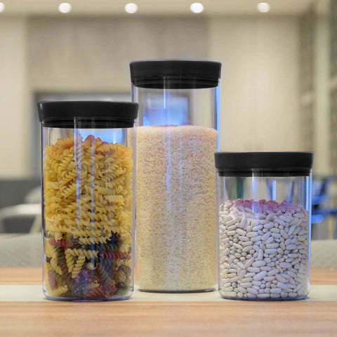 Kit 3 Potes Herméticos De Plástico Porta Mantimentos 2,5L Transparente Com Tampa Preta UZ