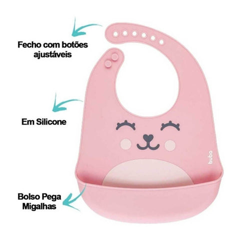 Babador de Silicone com Pega Migalhas Impermeável Gummy Buba Rosa