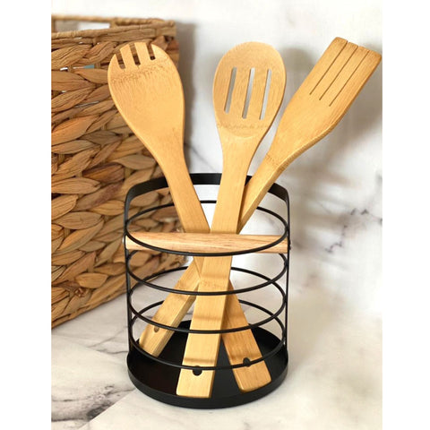 Kit Suporte Porta Utensílios De Cozinha E Porta Papel Toalha De Mesa Preto Yoi