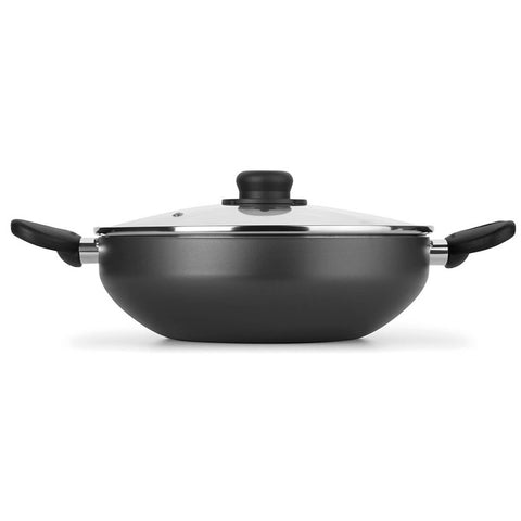 Frigideira Wok Tampa de Vidro 28cm Panela Com Alças Gourmet 4,3L Multiflon Preta