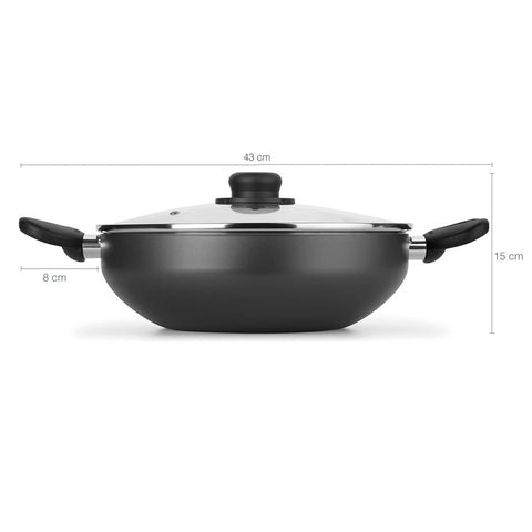 Frigideira Wok Tampa de Vidro 28cm Panela Com Alças Gourmet 4,3L Multiflon Preta