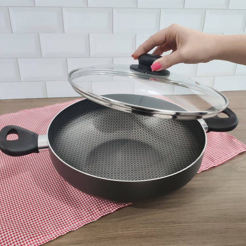 Frigideira Wok Tampa de Vidro 28cm Panela Com Alças Gourmet 4,3L Multiflon Preta