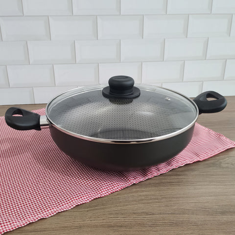 Frigideira Wok Tampa de Vidro 28cm Panela Com Alças Gourmet 4,3L Multiflon Preta