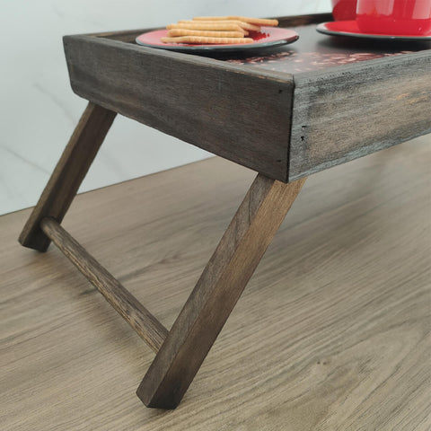 Mesa Para Café da Manhã Bandeja de Café na Cama com Pés Retráteis Madeira Stolf Pinus Escuro