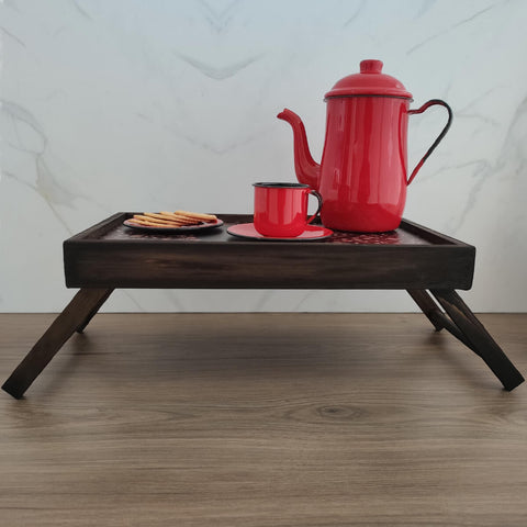 Mesa Para Café da Manhã Bandeja de Café na Cama com Pés Retráteis Madeira Stolf Pinus Escuro