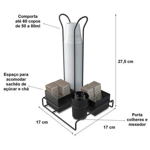 Suporte Porta Copos Descartáveis 50 E 80ml Organizador Porta Sachês Colheres Açúcar Stolf Preto