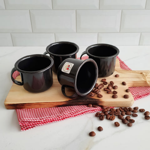 Jogo 6 Canecas Esmaltadas Pequenas Pretas Com Alças 90ml Xícaras Ágata Para Café