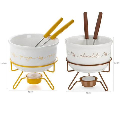 Conjunto Aparelho para Fondue de Queijo e Chocolate em Porcelana Forma Inox