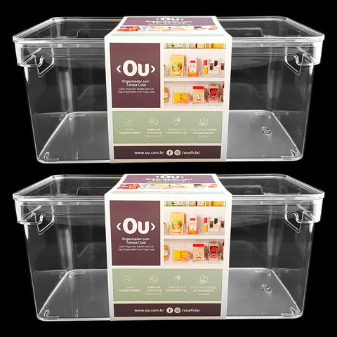 Kit 2 Organizadores Retangulares 30x15x13cm Caixas Organizadoras Com Tampa E Alças Laterais Clear OU