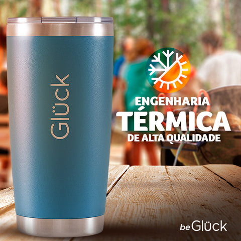 Copo Térmico Glück 591ml Aço Inox Copo Para Cerveja Café Com Tampa Abre Fecha Porche Blue