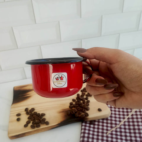 Caneca Esmaltada com Alça Vermelha Xícara em Ágata para Café 200ml Esmaltados Silva