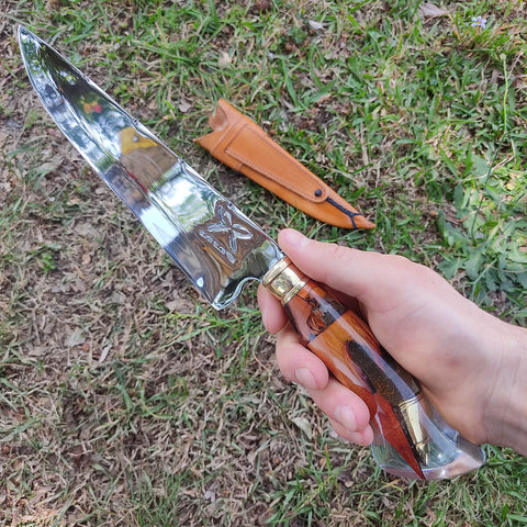 Faca Artesanal 8' Picanheira Inox 420 3mm Cabo Híbrido Cápsula Bala Munição Revolver Pistola Resina Churrasco