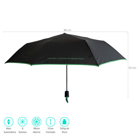 Guarda Chuva Automático Benetton Sombrinha De Bolsa Preto E Verde