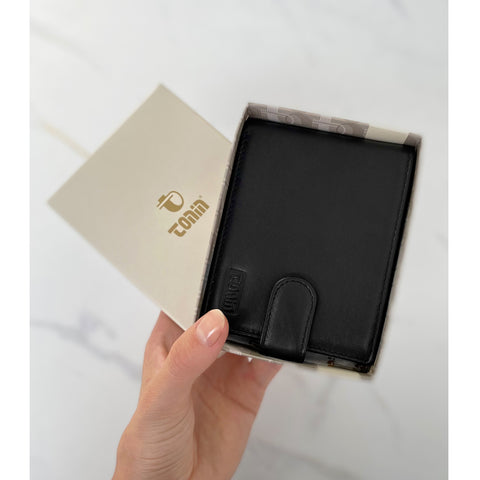 Carteira Masculina De Couro Fechamento Botão Com Porta Cartões Tonin Preto