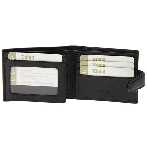 Carteira Masculina De Couro Fechamento Botão Com Porta Cartões Tonin Preto