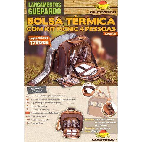 Bolsa Térmica Com Kit Pic Nic 4 Pessoas Guepardo Taças Talheres Pratos E Acessórios