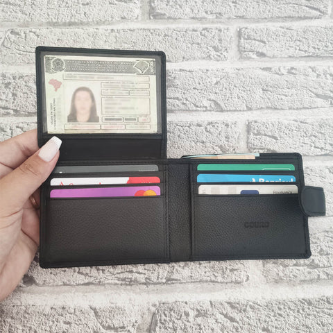 Carteira de Couro Masculina Com Botão e Divisória Porta Cartões Chicago Preta Tonin