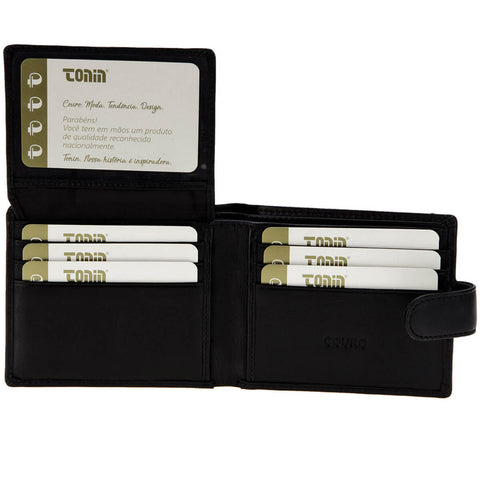 Carteira de Couro Masculina Com Botão e Divisória Porta Cartões Chicago Preta Tonin