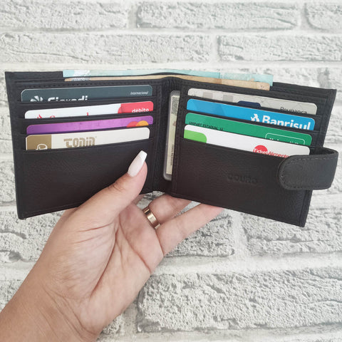 Carteira de Couro Masculina Com Botão e Divisória Porta 8 Cartões Chicago Marrom Tonin