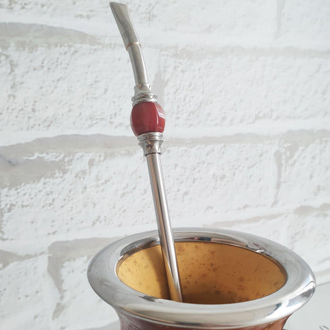 Bomba Chimarrão Pedra Ágata de Fogo 25cm Aço Inox Bojo Removível Taumer