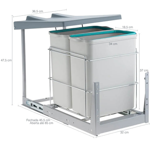 Suporte Com Lixeiras Dupla Deslizante Plásticas 20l Cozinha
