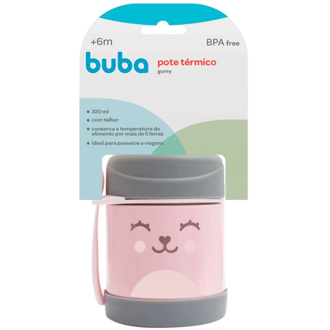 Pote Térmico para Papinha com Talher Buba Baby Gumy de Aço Inoxidável 320ml Rosa