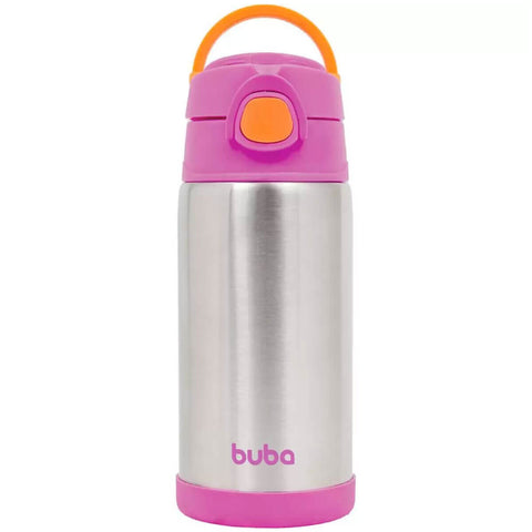 Garrafa Térmica Infantil Antivazamento Squeeze em Inox Parede Dupla 400ml com Canudo Buba Rosa