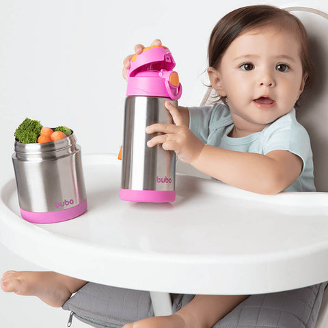 Garrafa Térmica Infantil Antivazamento Squeeze em Inox Parede Dupla 400ml com Canudo Buba Rosa